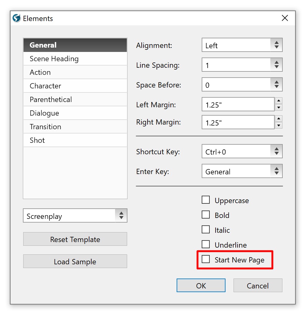 Script Studio - Screenplay Elements Window